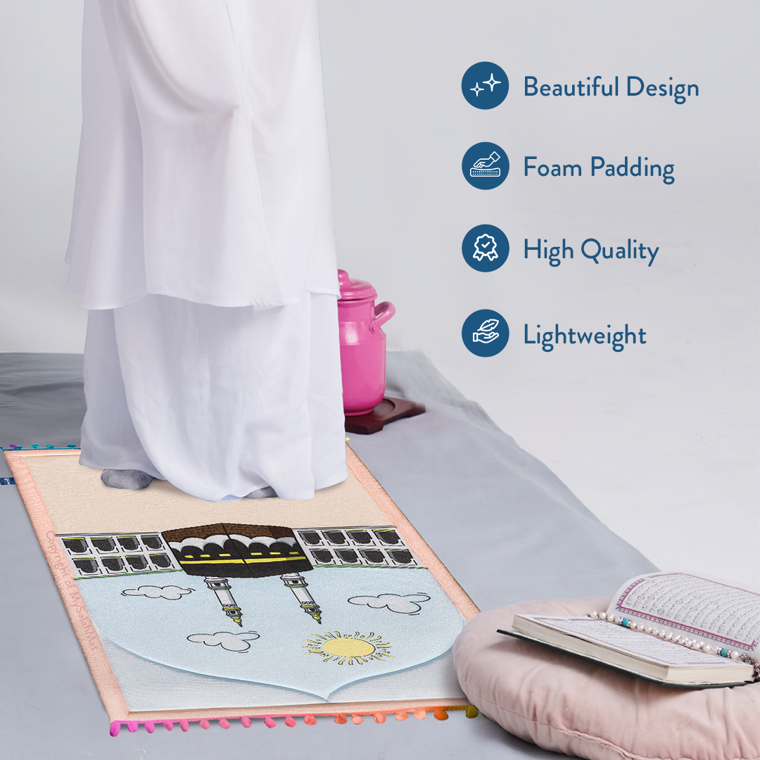 Padded Toddler Prayer Mat with Midday in Mecca Design by Urban Rugs UK | A beautiful Ramadan & Eid Gift for Loved Ones
