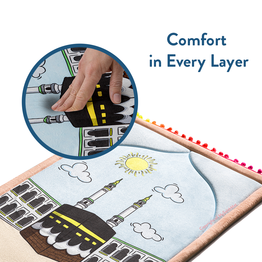 Padded Toddler Prayer Mat with Midday in Mecca Design by Urban Rugs UK | A beautiful Ramadan & Eid Gift for Loved Ones