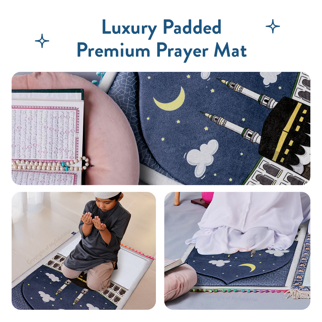 Padded Toddler Prayer Mat with Midnight in Mecca Design by Urban Rugs UK | A beautiful Ramadan & Eid Gift for Loved Ones