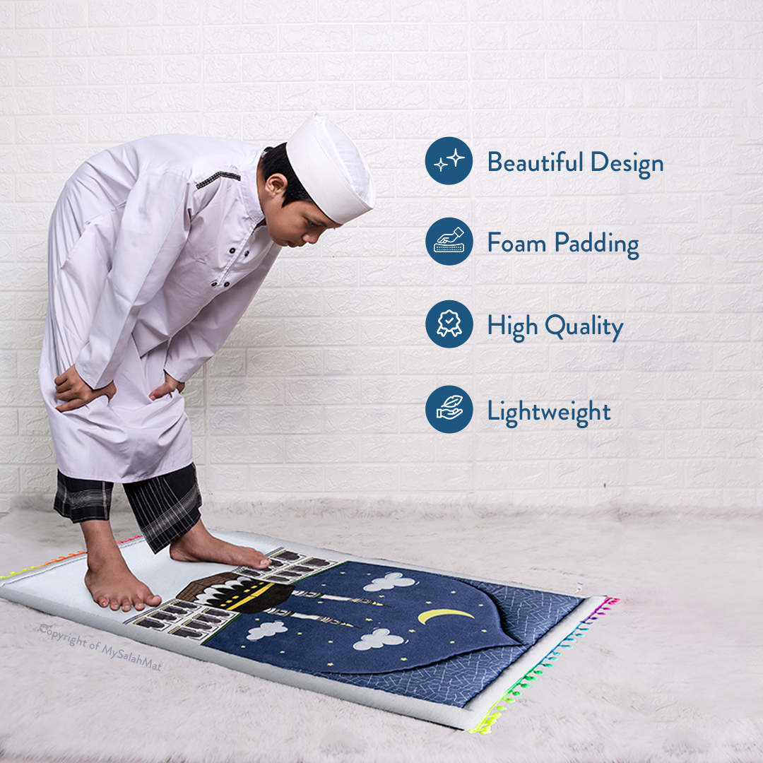 Padded Toddler Prayer Mat with Midnight in Mecca Design by Urban Rugs UK | A beautiful Ramadan & Eid Gift for Loved Ones