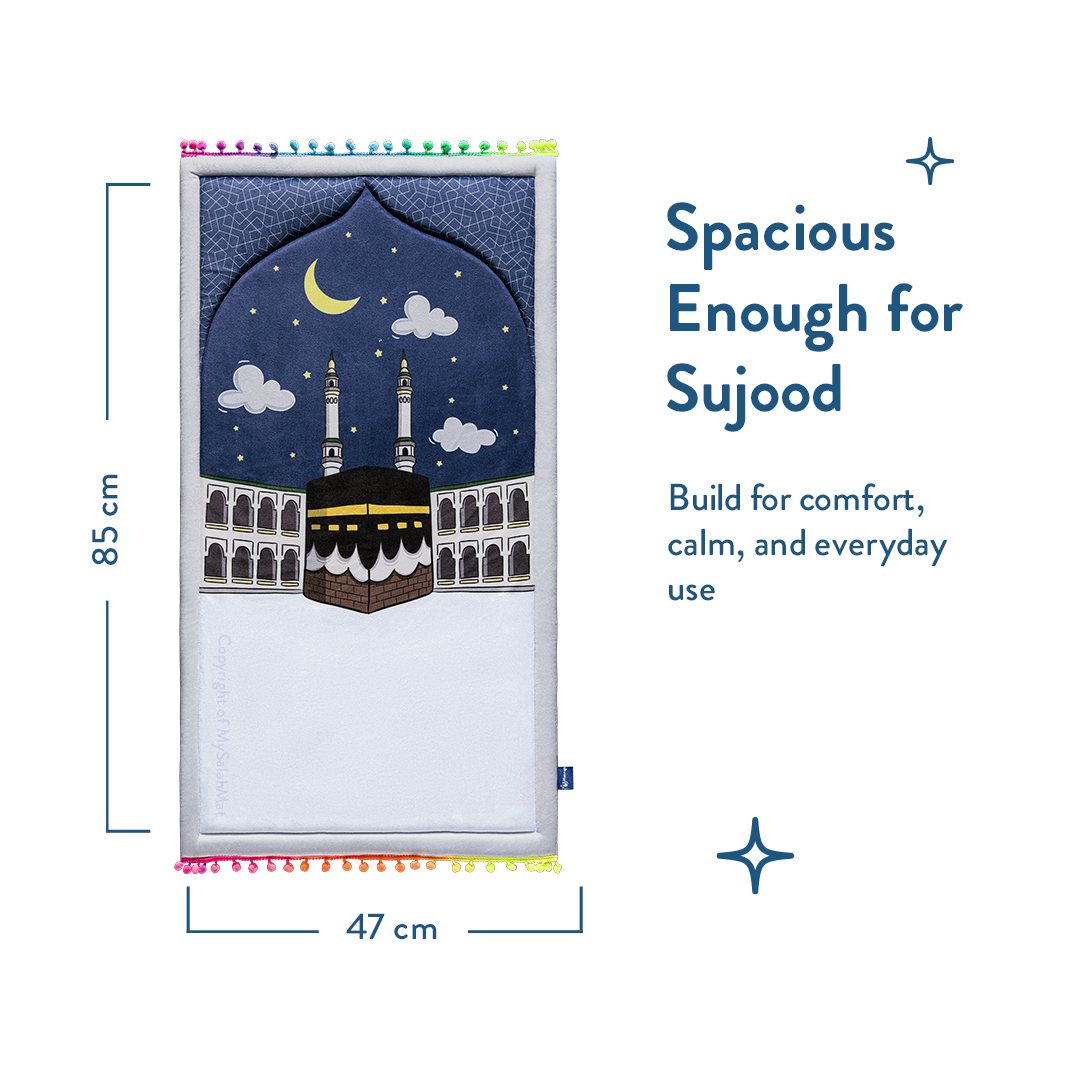 Padded Toddler Prayer Mat with Midnight in Mecca Design by Urban Rugs UK | A beautiful Ramadan & Eid Gift for Loved Ones