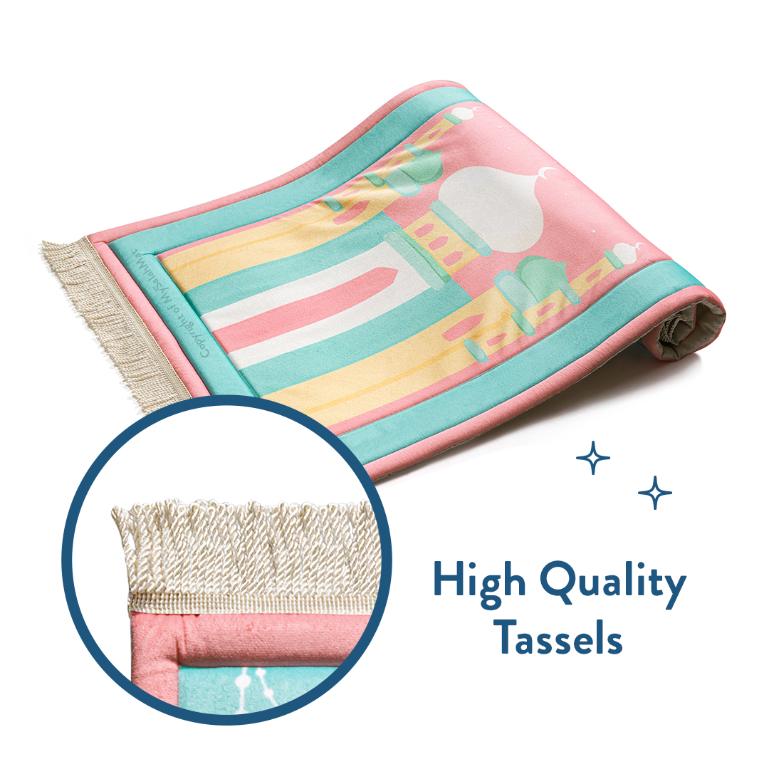 Padded Kids Prayer Mat with Pink Mumbai Mosque Design by Urban Rugs UK | A beautiful Ramadan & Eid Gift for Loved Ones