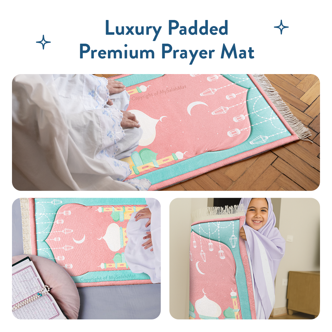 Padded Kids Prayer Mat with Pink Mumbai Mosque Design by Urban Rugs UK | A beautiful Ramadan & Eid Gift for Loved Ones