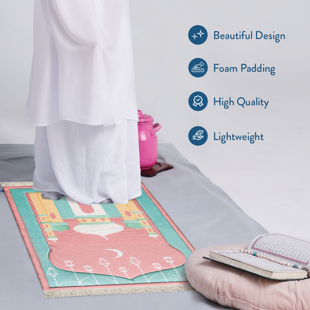 Padded Kids Prayer Mat with Pink Mumbai Mosque Design by Urban Rugs UK | A beautiful Ramadan & Eid Gift for Loved Ones