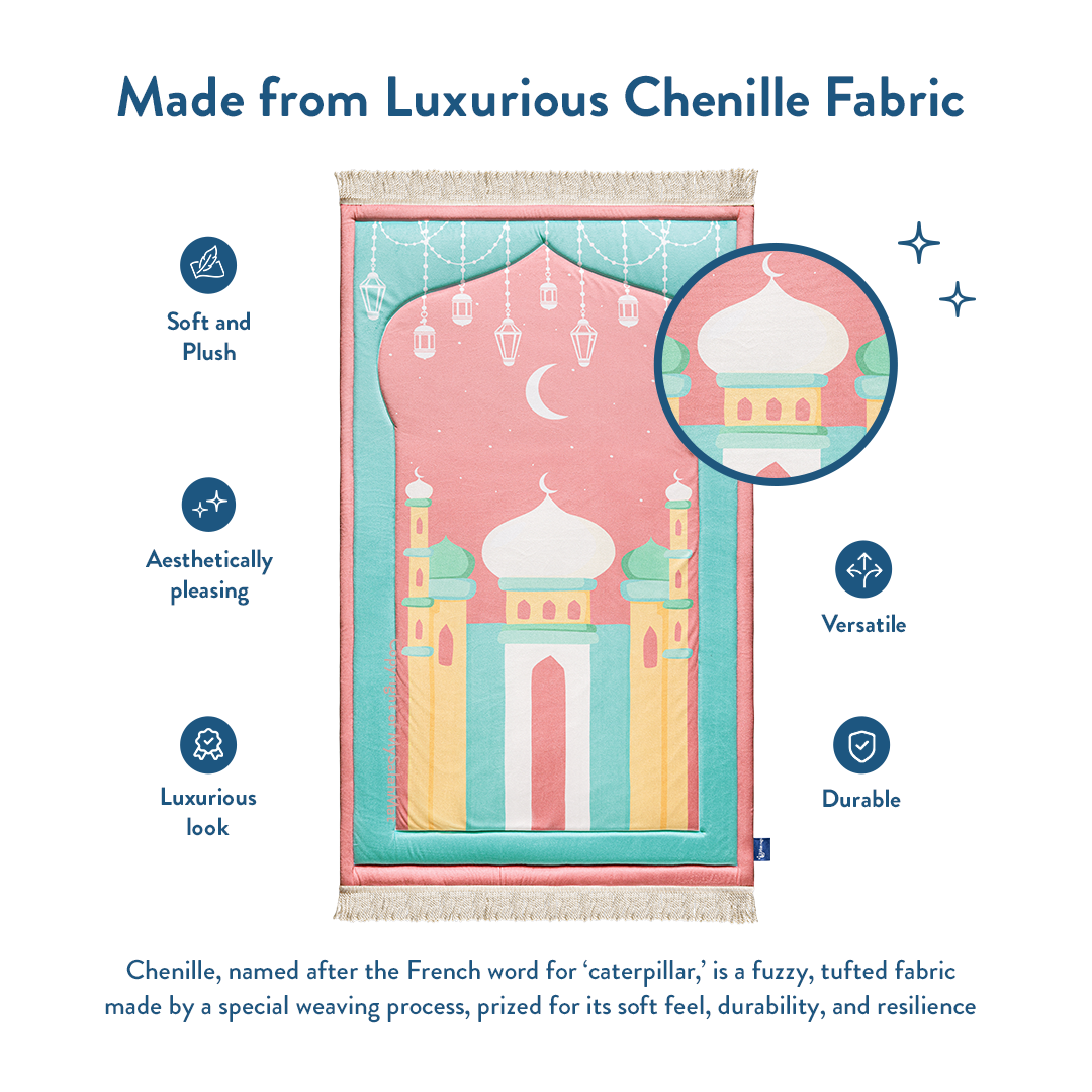 Padded Kids Prayer Mat with Pink Mumbai Mosque Design by Urban Rugs UK | A beautiful Ramadan & Eid Gift for Loved Ones