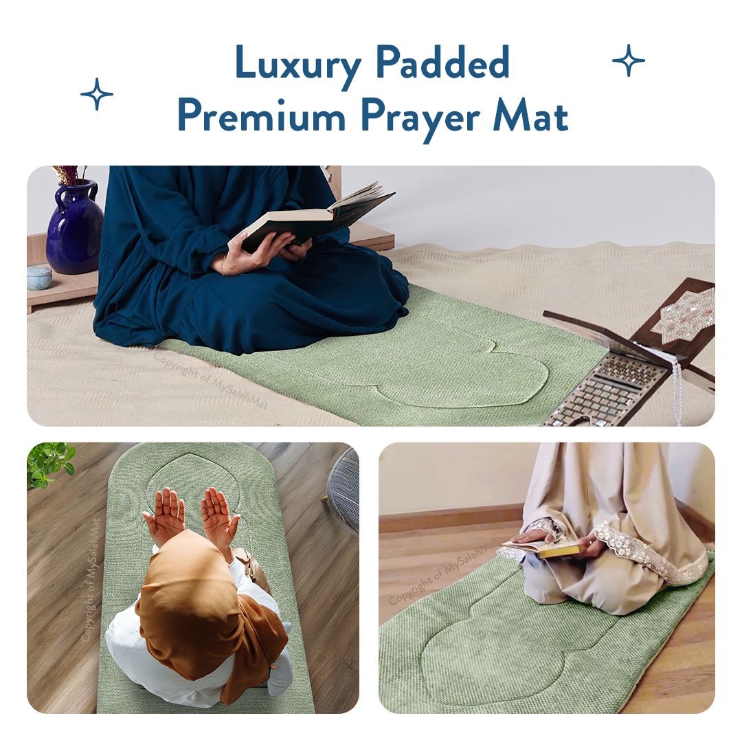 Adult Padded Prayer Mat with Luxury Sage Arch Design by Urban Rugs UK | A beautiful Ramadan & Eid Gift for Loved Ones