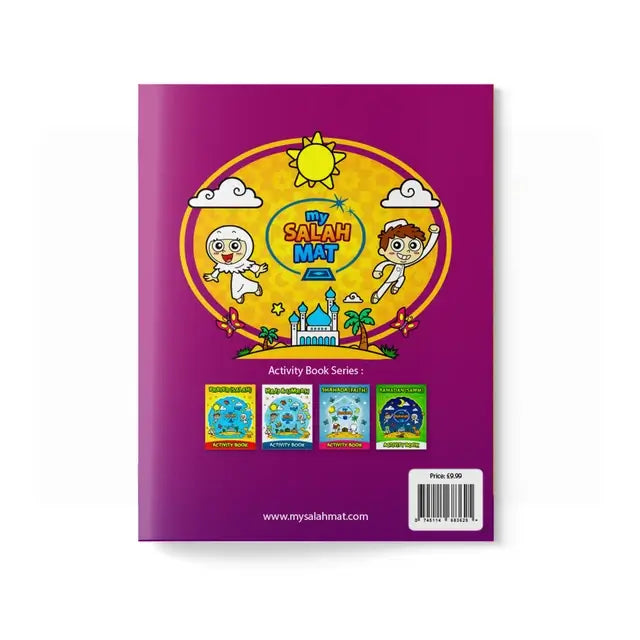 Purple back cover of the Zakat activity booklet with the My Salah Mat logo and the activity book series