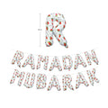 White watermelon-print foil balloons spelling Ramadan Mubarak, with a single letter R shown above