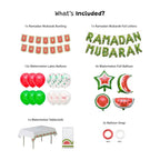 What's included in the green Ramadan Mubarak Palestine decoration set: bunting, foil letters, balloons and tablecloth