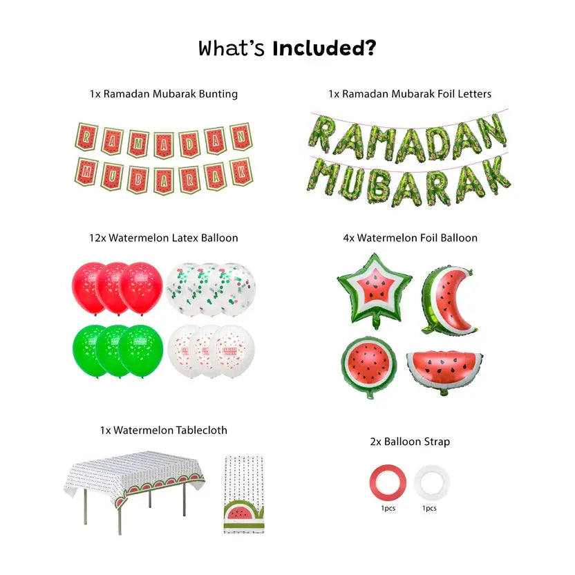 What's included in the green Ramadan Mubarak Palestine decoration set: bunting, foil letters, balloons and tablecloth