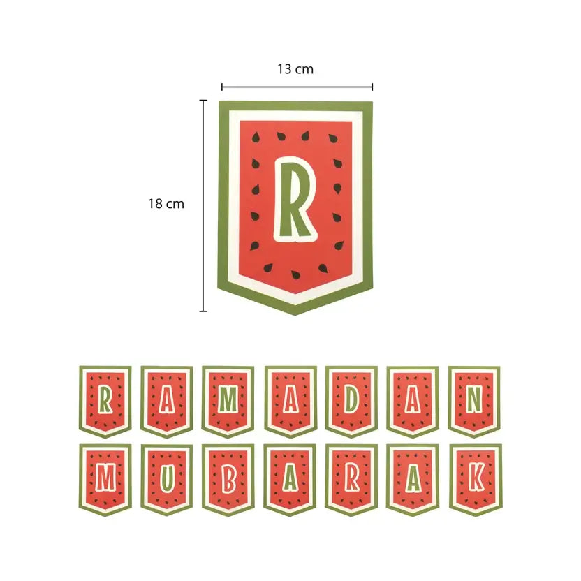 Ramadan Mubarak watermelon bunting flags, each flag 13 x 18 cm
