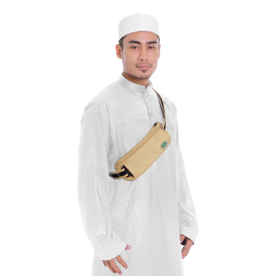 Male Model with Hajj Safe Anti-Theft Ihram Belt & Money Bag Beige Variant