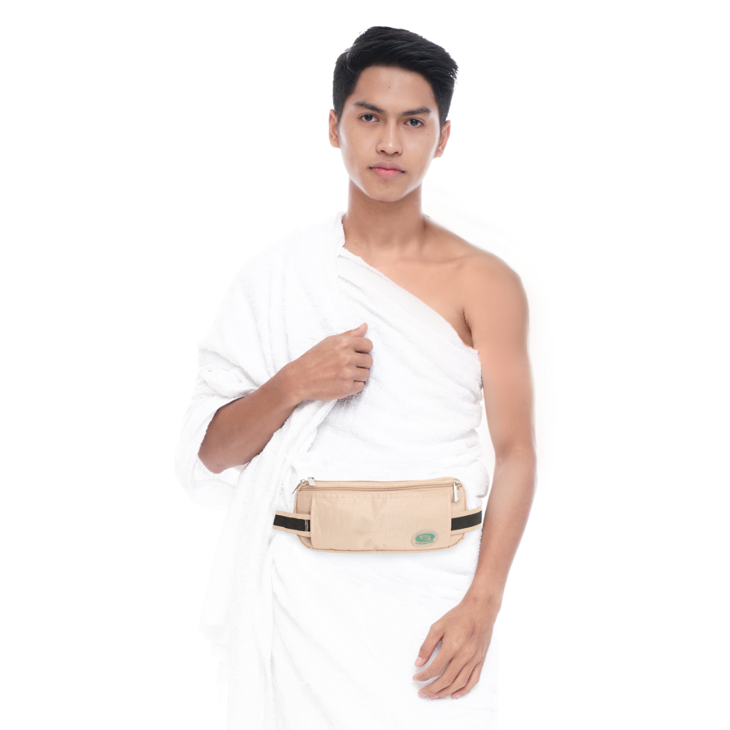 Male Model with Hajj Safe Anti-Theft Ihram Belt & Money Bag Beige Variant