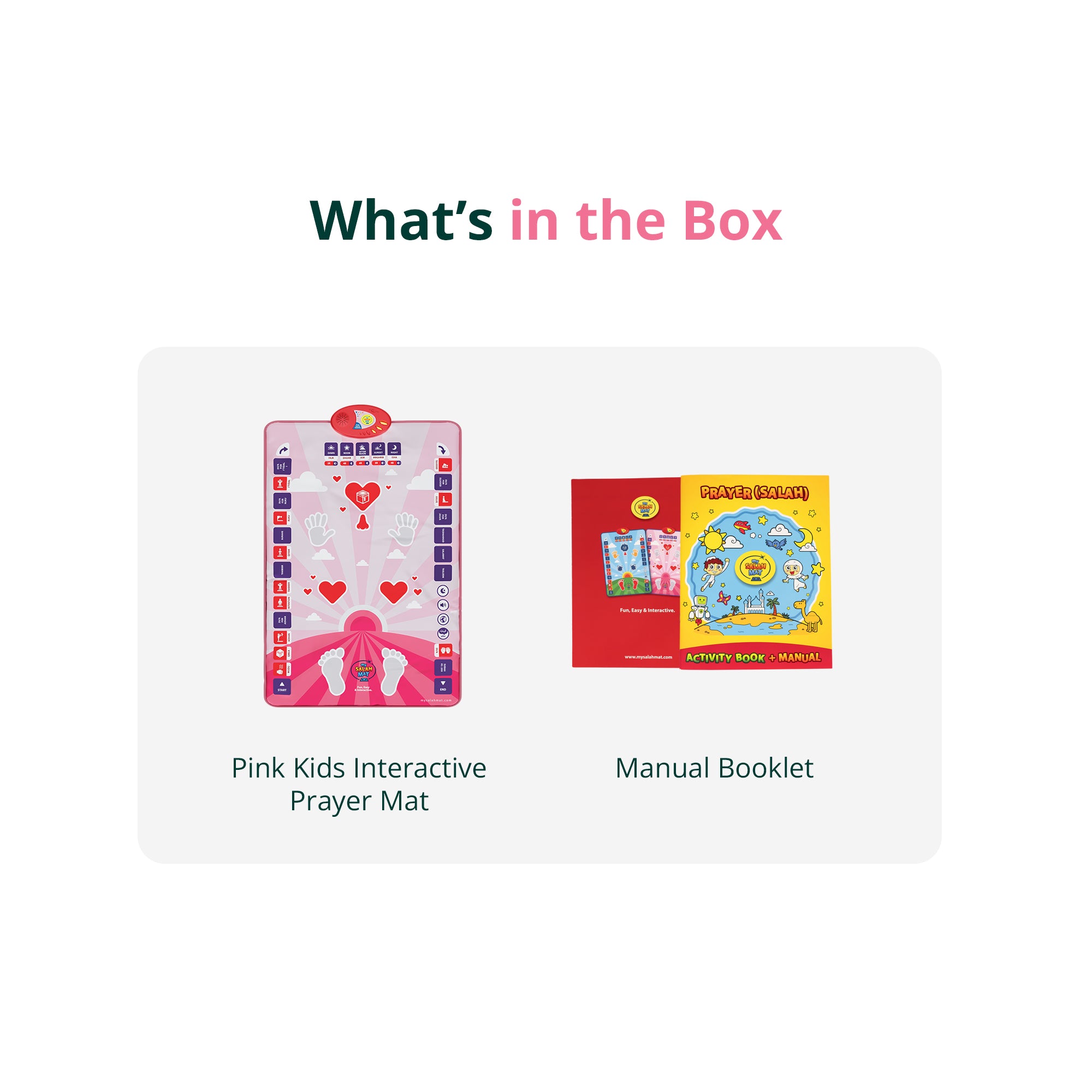 What's in the Box of My Salah Mat Interactive Kids Prayer Mat Pink Version