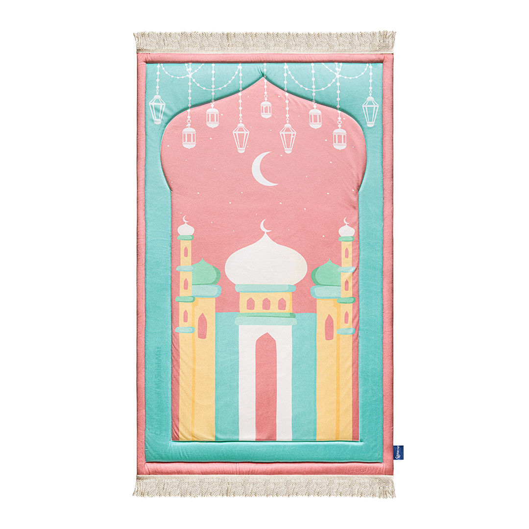 Padded Kids Prayer Mat with Pink Mumbai Mosque Design by Urban Rugs UK | A beautiful Ramadan & Eid Gift for Loved Ones