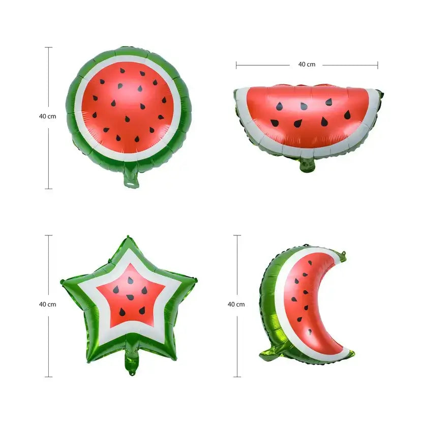 Four watermelon foil balloons, round, half slice, star and crescent, each marked 40 cm