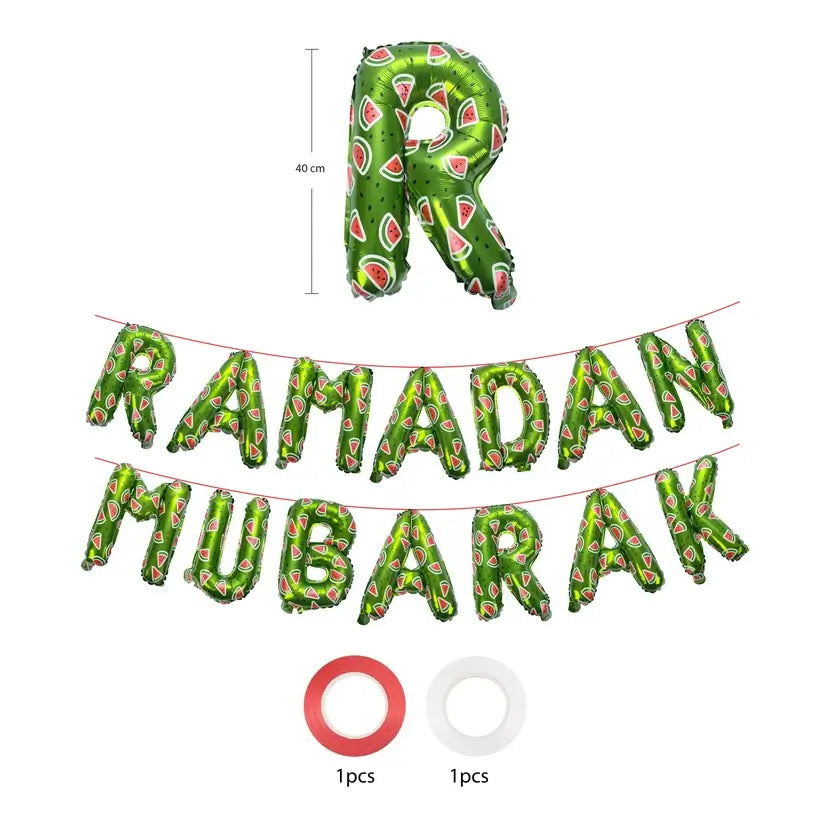 Green Ramadan Mubarak foil letter balloons strung on cord, with red and white balloon strap rolls