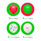 Pack contents: three each of red, green, confetti and white latex balloons, 30 cm