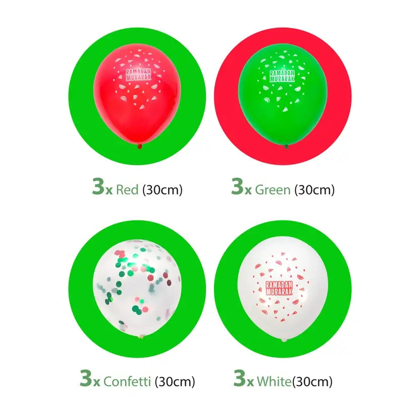 Pack contents: three each of red, green, confetti and white latex balloons, 30 cm