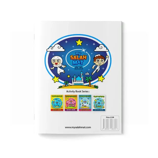 Back cover of the Ramadan Activity Book with the My Salah Mat badge and the other books in the series