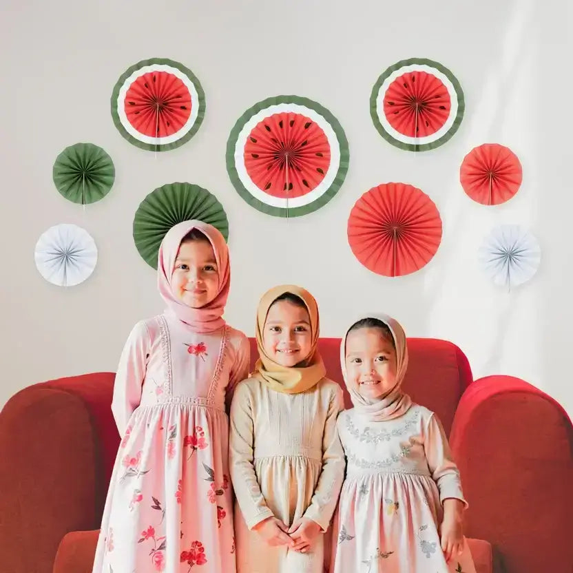 Set of 9 Watermelon Paper Fan Decorations