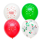 Four Ramadan Mubarak watermelon latex balloons: white, green, red and clear with confetti