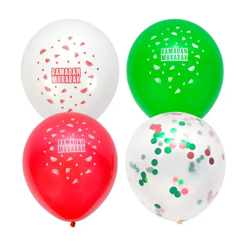 Four Ramadan Mubarak watermelon latex balloons: white, green, red and clear with confetti