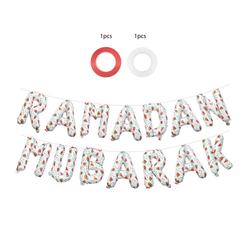 White watermelon-print Ramadan Mubarak foil letters with a red and a white ribbon roll for hanging