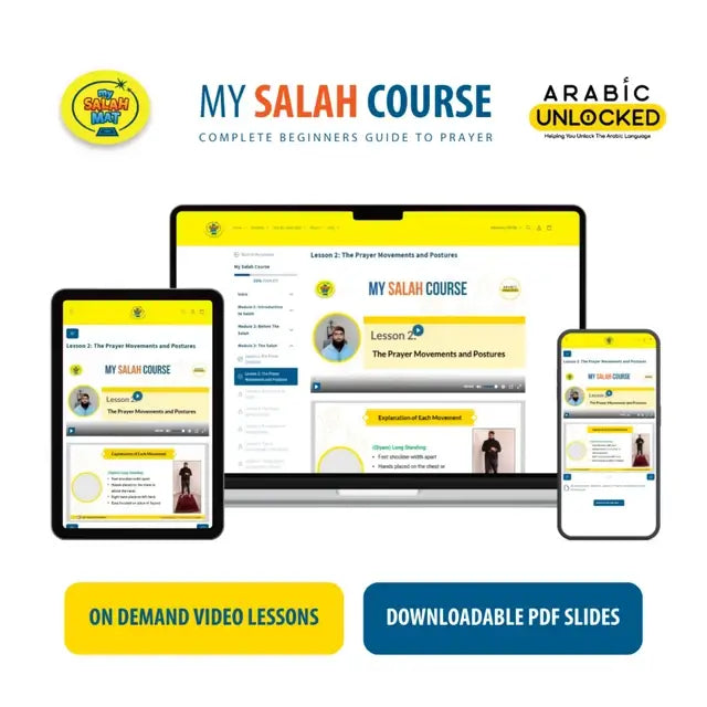 My Salah Course on three devices, with buttons for on-demand video lessons and downloadable PDF slides