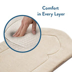 Hand pressing the soft woven fabric of the Luxury Sand Arched padded prayer mat in a close-up circle