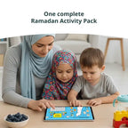 Mother and two young children doing a Palestine maze activity on a tablet at a table