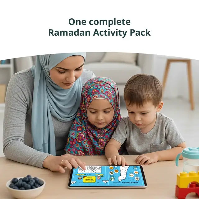 Mother and two young children doing a Palestine maze activity on a tablet at a table