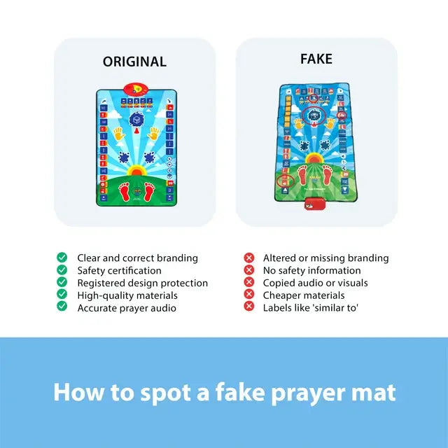 Original blue Kids Interactive Prayer Mat beside a fake, with a checklist for spotting fakes