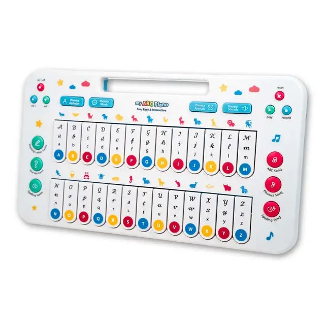 My ABC Piano turned to the left, showing its alphabet keys, phonics buttons and carry handle