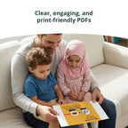 Father and two children looking at a printed activity page together on a sofa