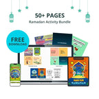 Ramadan activity bundle of 50+ pages shown on a laptop, tablet and phone