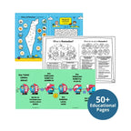 Sample pages: Cities of Palestine map, a Ramadan colouring page and a step-by-step salah guide