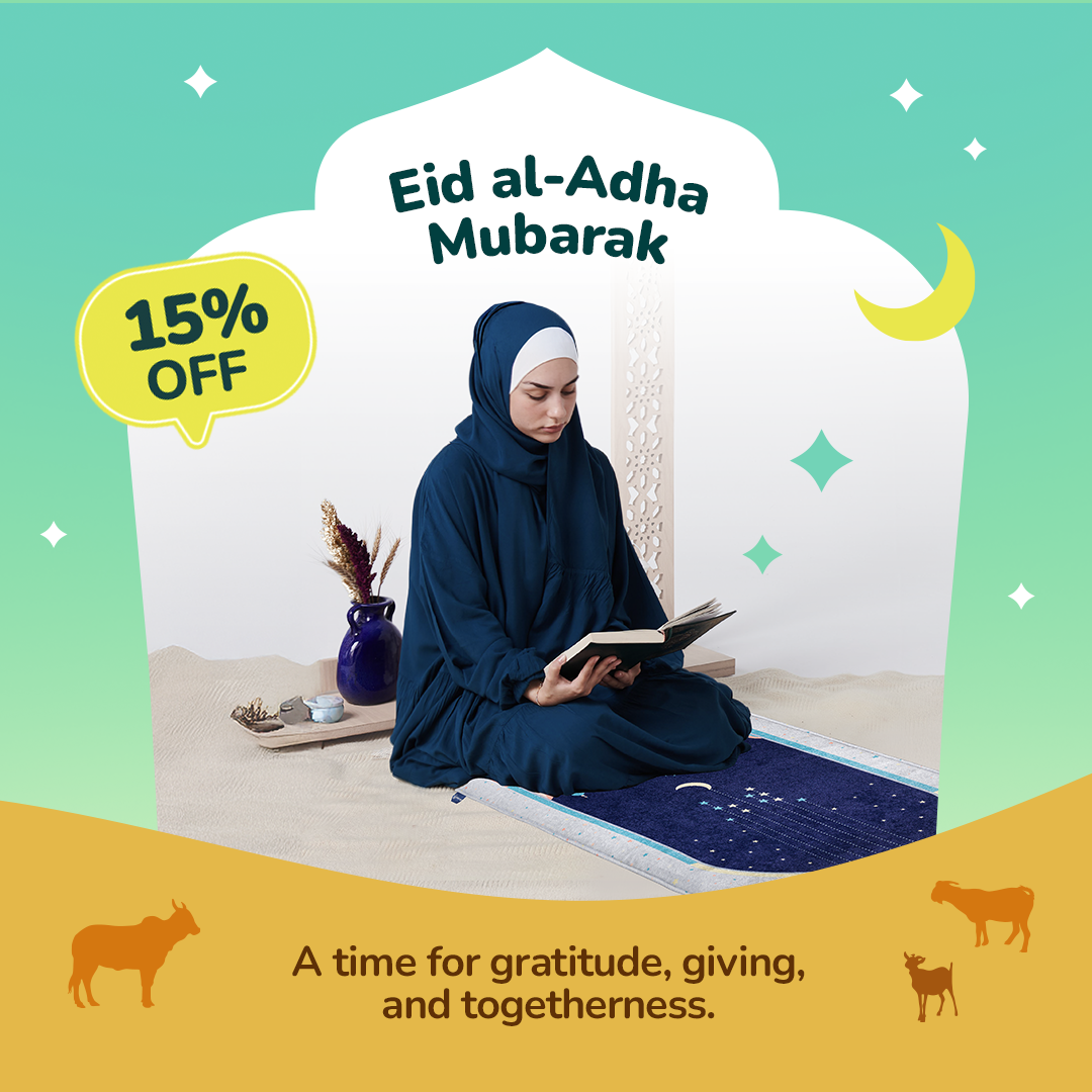 Adult Padded Prayer Mat with Blue Crescent Moon Design | Urban Rugs UK | Ramadan & Eid Gift