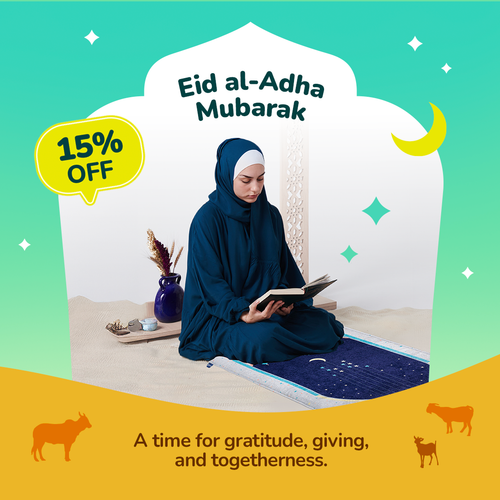 Adult Padded Prayer Mat with Blue Crescent Moon Design | Urban Rugs UK | Ramadan & Eid Gift