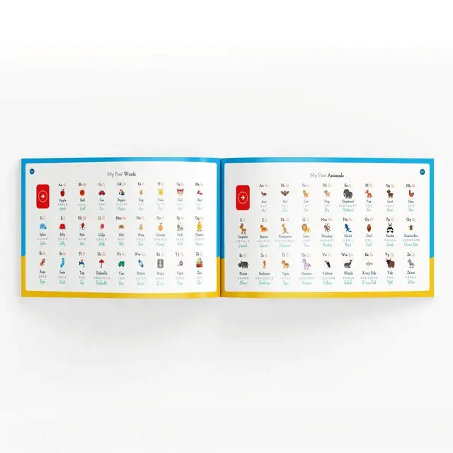 My ABC Piano booklet pages 'My First Words' and 'My First Animals' with small pictures and letters