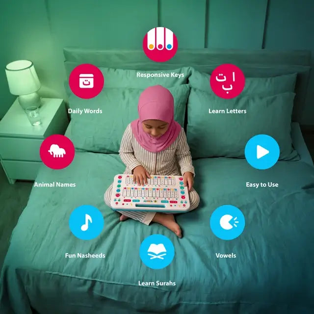 Girl in a pink hijab sitting on a teal bed using My Quran Pad, with feature icons around her