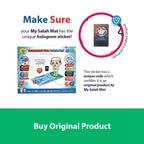 Box of the Kids Interactive Prayer Mat (Blue) with a close-up of its hologram authenticity sticker