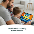 Father and child reading a Duas for Ramadan activity book on a tablet