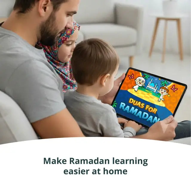 Father and child reading a Duas for Ramadan activity book on a tablet