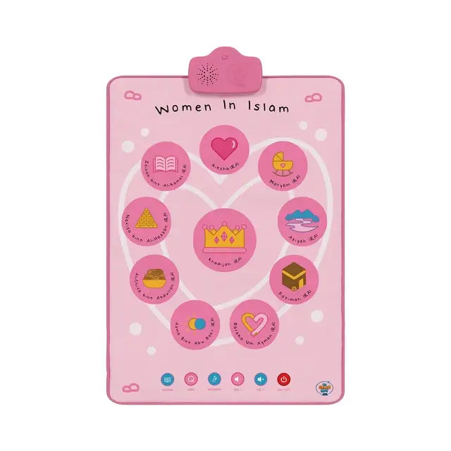 Women in Islam interactive wall art, front view with touch buttons along the bottom edge