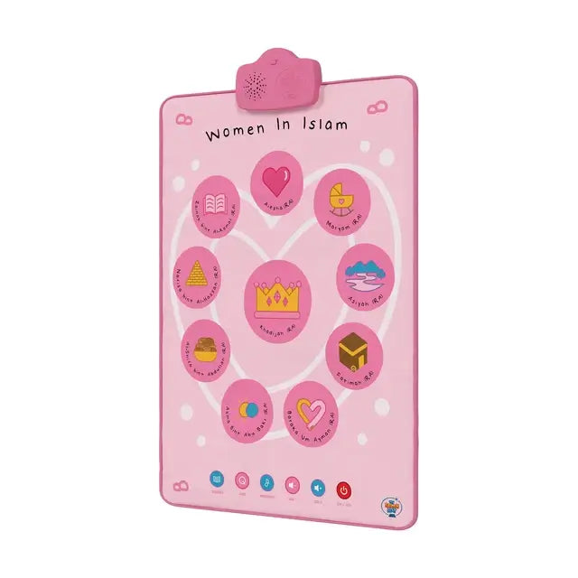 Women in Islam interactive wall art in pink, with a heart of ten touch circles and the speaker at the top