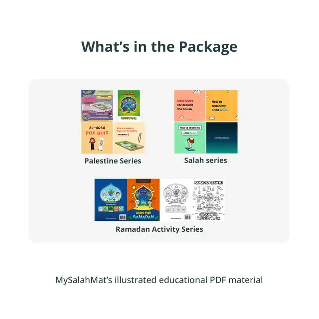 Pack contents: Palestine series, Salah series and Ramadan activity series of PDF activity books