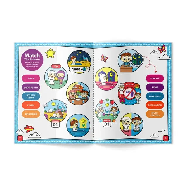 Inside the Ramadan Activity Book: a match-the-pictures page linking Ramadan words to illustrations