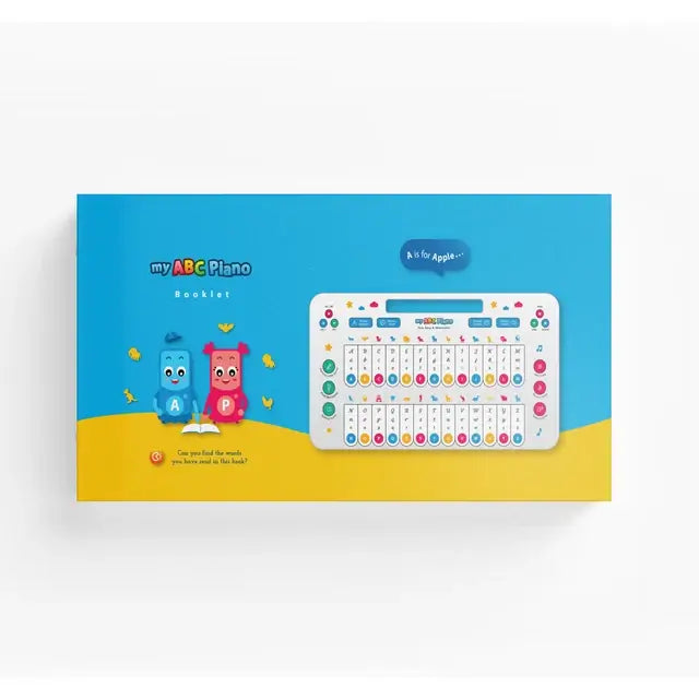 Cover of the My ABC Piano booklet in blue and yellow, with the pad and two cartoon characters