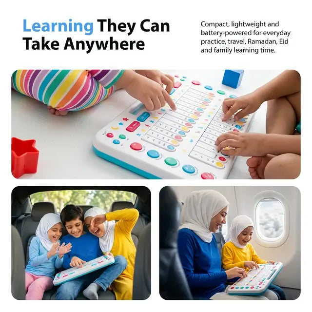 Children's hands on My Quran Pad, with small photos of it used in a car and on a plane